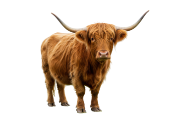 Isolated reddish-brown Highland cattle, a Scottish breed of rustic cattle with long horns