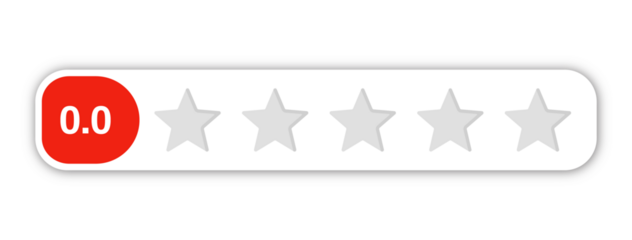 0.0 star rating PNG with transparent background, numeric labeled review feedback icon for no rating, worst score and complete dissatisfaction
