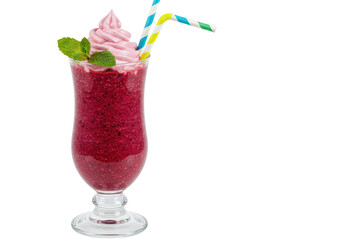 Isolated berry smoothie with whipped cream and striped straws for a refreshing treat