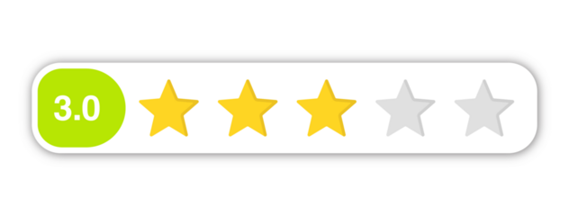3.0 star rating PNG with transparent background, numeric labeled customer review feedback icon for average product and service score