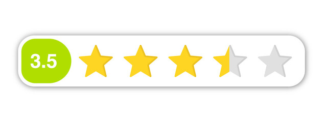 3.5 star rating PNG with transparent background, numeric labeled review feedback icon for mixed satisfaction and moderate quality