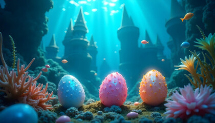 Create a fantasy underwater Easter world where mermaids decorate glowing coral-shaped Easter eggs. The eggs are textured like pearls and shells, with vibrant marine colors — coral pink, seafoam green,