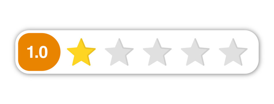 1.0 star rating PNG with transparent background, poor review icon with numeric label for low quality feedback and negative evaluation