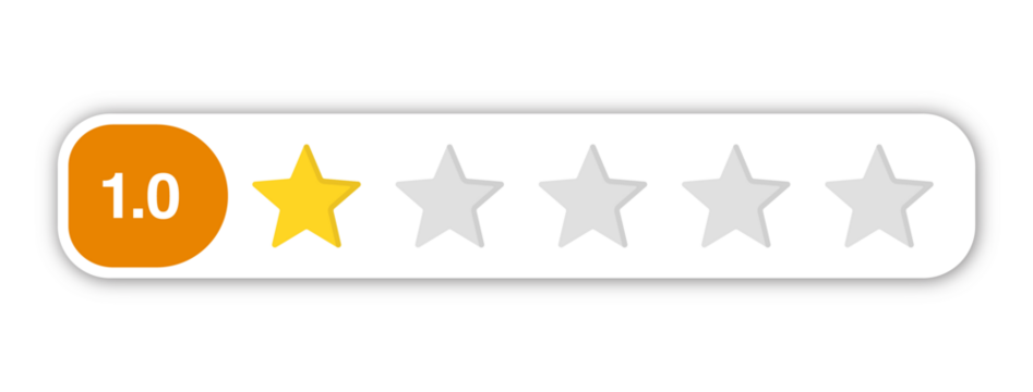 1.0 star rating PNG with transparent background, poor review icon with numeric label for low quality feedback and negative evaluation