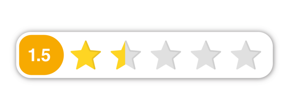 1.5 star rating PNG with transparent background, numeric labeled review icon showing low score and customer dissatisfaction