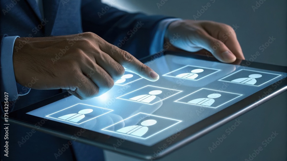 Poster close-up of hands using transparent touchscreen for digital interface