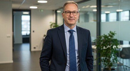 Professional businessman in a navy suit standing in a modern office environment