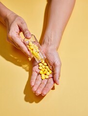 Hands Holding Yellow Pills on Vibrant Yellow Background in Bright Lighting
