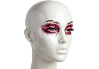 Isolated mannequin head wearing bright makeup with glitter, cosmetic display for beauty industry