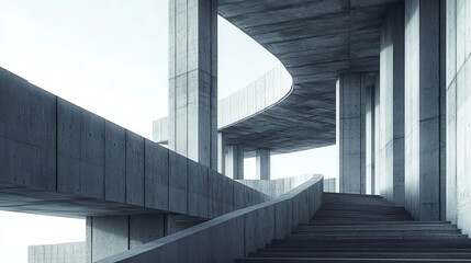 Fototapeta premium Modern Grey Architecture Featuring Stark Concrete, Minimalist Design, and Elevated Walkway Details