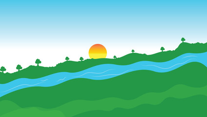 Fototapeta premium nature view for children book illustration. sunset vector image