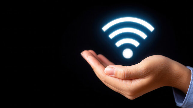 glowing Wi-Fi symbol floats above an open hand against a black background, symbolizing access, control, and the power of wireless communication in modern technology