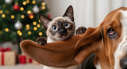 Siamese Cat and Basset Hound Share Christmas Moment with Bokeh Lights