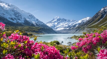 Stunning view of snow-capped mountains and vibrant flowers beside a tranquil lake in New Zealand during daylight hours