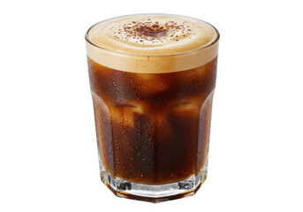 Isolated refreshing glass of iced coffee drink with cold foam topping and cocoa powder garnish