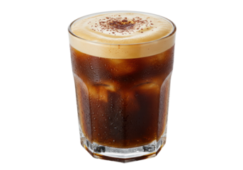 Isolated refreshing glass of iced coffee drink with cold foam topping and cocoa powder garnish