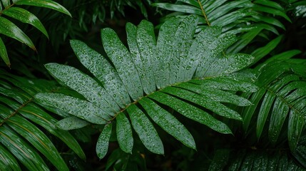 Green Tropical Fern Leaf with Water Drops on Dark Background