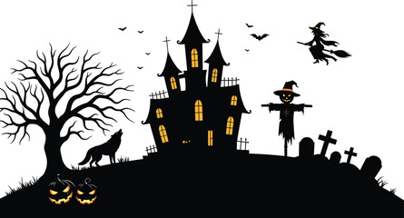 Spooky Halloween Haunted House Scene with Witch, Scarecrow, Bats, Pumpkins, and Graveyard in Silhouette Vector for Horror Illustrations