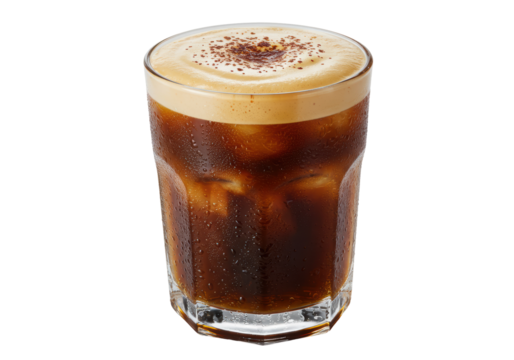 Isolated refreshing glass of iced coffee drink with cold foam topping and cocoa powder garnish
