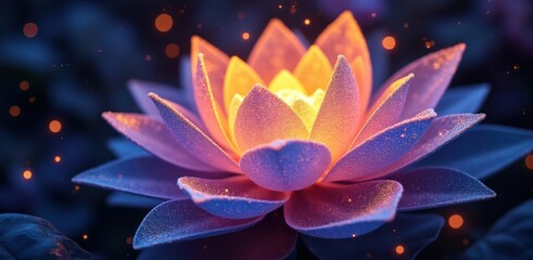 Glowing lotus flower illuminates a mystical night garden