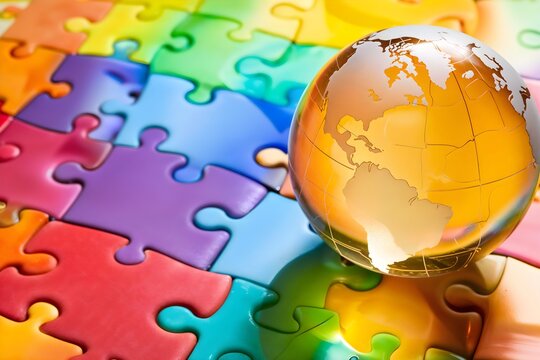Globe resting on colorful puzzle pieces - Powered by Adobe