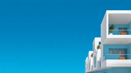 Fototapeta premium Exterior of a sleek, modern apartment building with clean lines is set against a perfect blue sky, representing contemporary luxury and urban living.