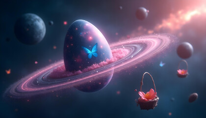 Create a celestial Easter scene featuring an Easter egg orbiting in space, surrounded by planetary rings made of stars, flowers, and butterflies. The egg itself is painted with a glowing galaxy — pink