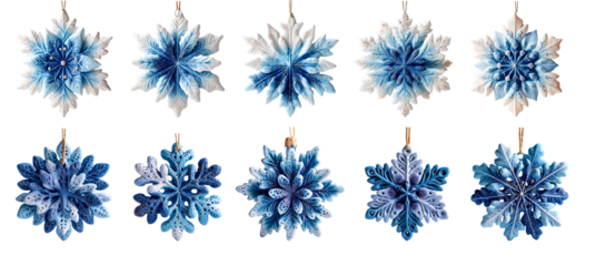 Set of Intricate Blue and White Snowflake Christmas Ornaments Collection on Transparent Background. Christmas or New Year concept