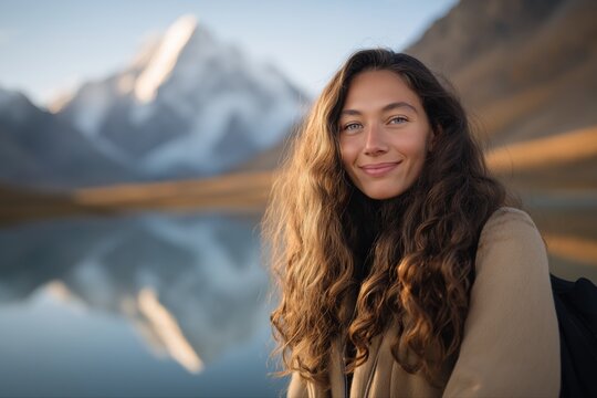Smiling young caucasian female in mountainous landscape - Powered by Adobe