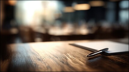 instrument. A single pen lying on a wooden desk with blurred background, professional workspace vibe. pitch deck slides, case study pages, designed for brand storytelling and e-commerce strategy.