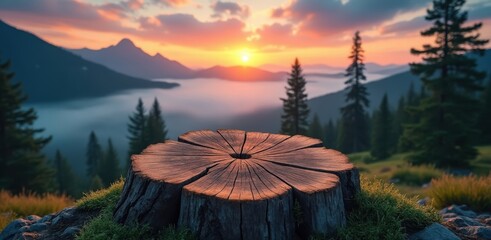 Majestic mountain sunrise over misty valley with foreground tree stump