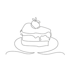 One continuous single drawing line art flat doodle strawberry, cake, piece, slice, cream, dessert, food, pastry. Isolated image hand draw contour on a white background, hand drawn, not AI