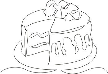 One continuous single drawing line art flat doodle cake, dessert, sweet, baked, cream, delicious, pastry. Isolated image hand draw contour on a white background, hand drawn, not AI