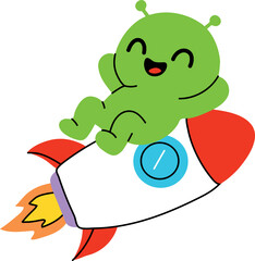Cute Green Alien on a Rocket Flying in Space
