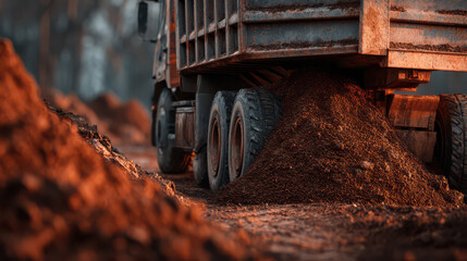 Fototapeta premium Earth Mover: A heavy-duty dump truck, in motion, efficiently unloading a load of soil, showcasing its power and contribution to the construction industry.