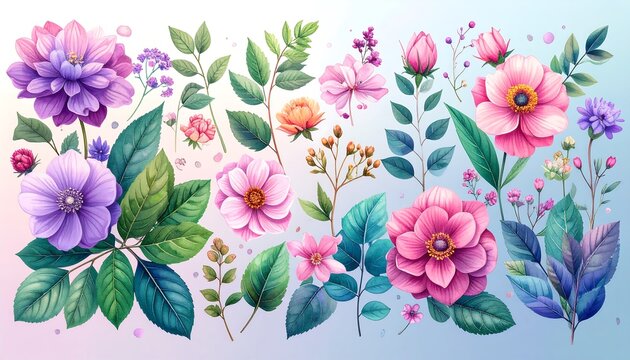Floral design collection with various vibrant flowers and leaves