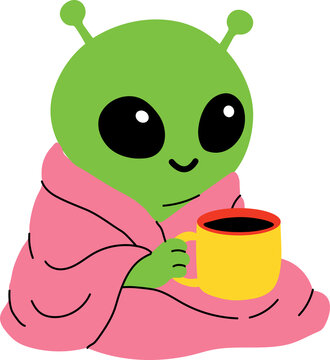 Cozy Alien Enjoying a Hot Drink in a Pink Blanket