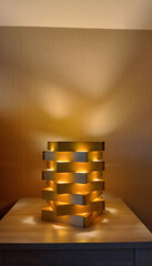 Modern wooden table lamp with warm glow, eco design and energy saving concept for sustainable home...