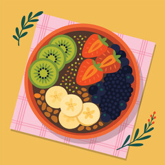 Illustration of a fruit bowl with kiwis strawberries blackberries and bananas in a flat design style