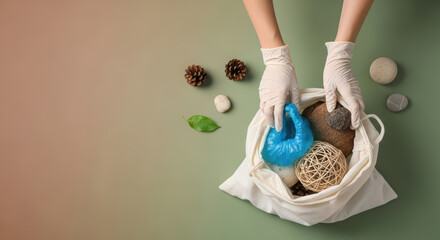Hands wearing gloves are placing various natural and recycled materials into a reusable bag, emphasizing eco-friendly practices and sustainability in waste management and environmental conservation