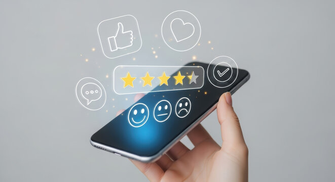 Smartphone held in hand displaying digital feedback icons, including ratings, emoticons, and social media symbols, representing user interaction and engagement in a modern digital environment