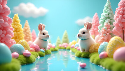 Generate a surreal candyland-style Easter world where eggs are made of chocolate, jellybeans, and gummy candy. Brightly colored candy cane trees line the landscape, and chocolate 
