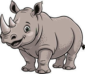 Fototapeta premium A cartoon rhino clipart with small horn, friendly smiling face, flat vector illustration.