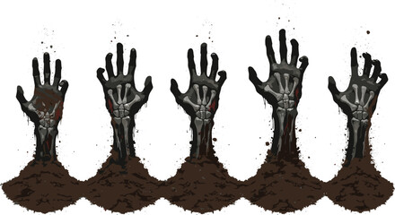 Vector illustration of zombie skeleton hands rising from ground with bones, dirt, blood splatter for horror, Halloween scary undead design