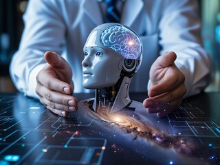 Creation of an AI with glowing brain. AI revolution.  Future of humanity, scientific breakthrough, technological ascension, advanced medicine. Biological immortality. Space exploration. Generative AI