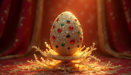 Design a luxurious Fabergé-style Easter egg placed on a golden pedestal, adorned with intricate gemstones in ruby red, sapphire blue, and emerald green. Surround the egg with glowing golden vines, 