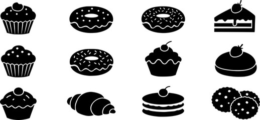 Traditional European and American dessert and popular cake black silhouette icons set on white. Vector stencil clipart, minimalist bakery sign or logo design