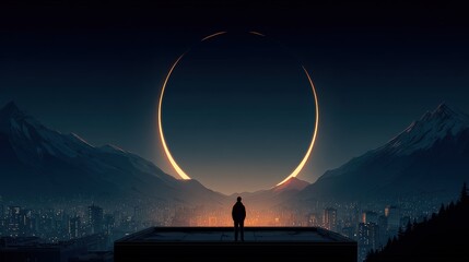 A solitary figure silhouetted against a breathtaking sunset eclipse over a cityscape