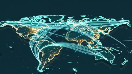 global network connections glowing across the world map with dynamic light trails - Powered by Adobe