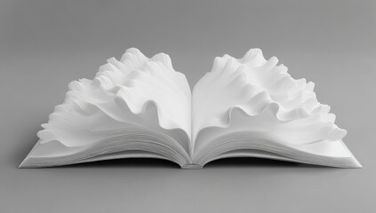 A sculpted, white book with textured, flowing pages evokes a sense of abstract artistry.